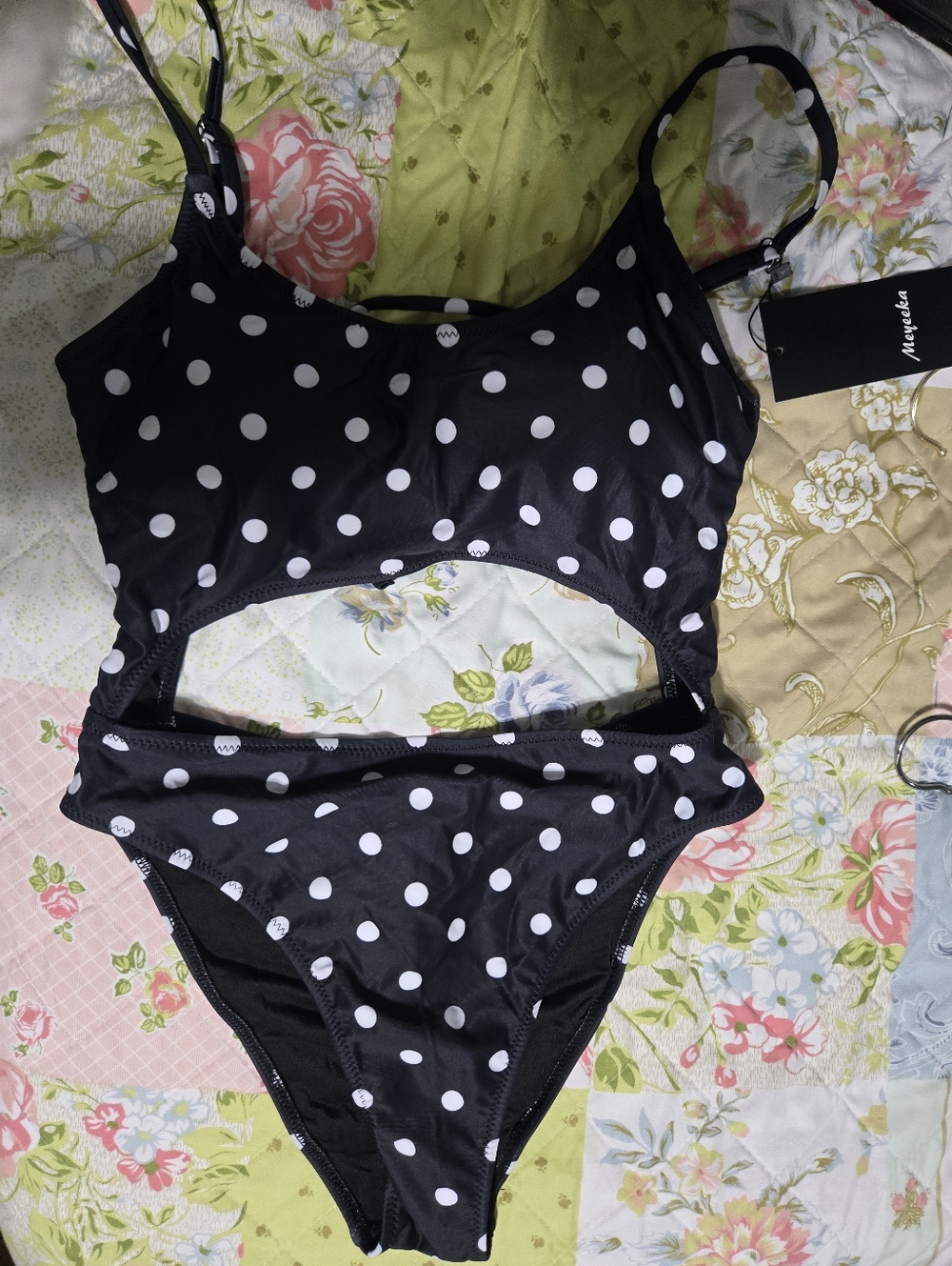 Womens Polka Dot Cutout One-Piece Swimsuit - Black & White